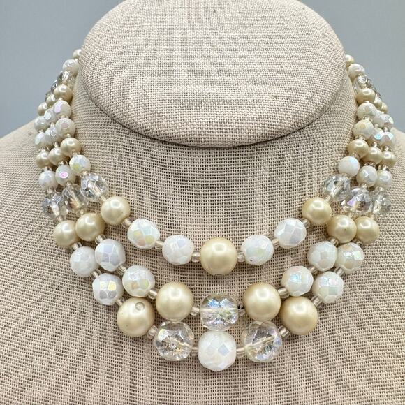 Vintage Germany White Ivory Beaded Triple Strand Choker Necklace Bride Wedding - Picture 1 of 16